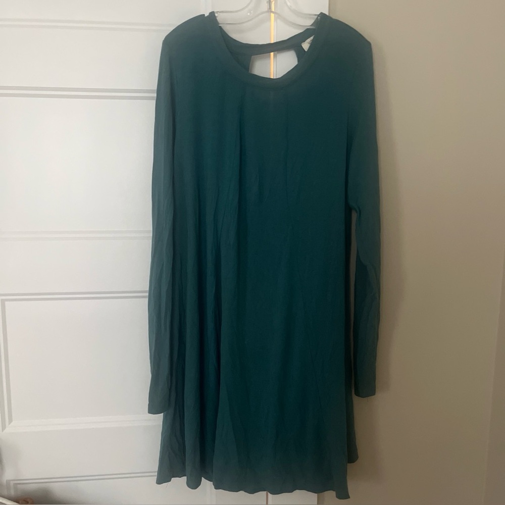 Umgee Solid Teal Stretch Knit Keyhole Shift Dress Long Sleeve - Small